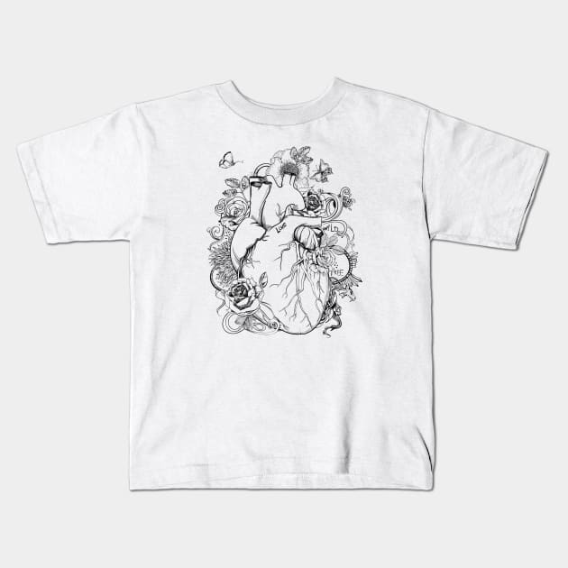 Tattoo style anatomical HEART illustration with a note to Love, stay Wild and be Free | Human Boho Heart with Flowers | Gothic Line Wall Art Kids T-Shirt by EquilibriumArt